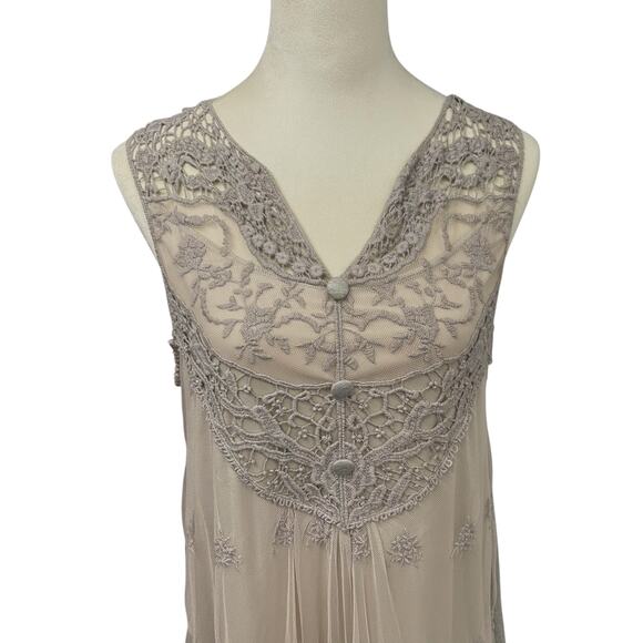 Cottagecore Boho Mesh Lace Dress M Taupe Ruffle Hem‎ Layering - Picture 2 of 8